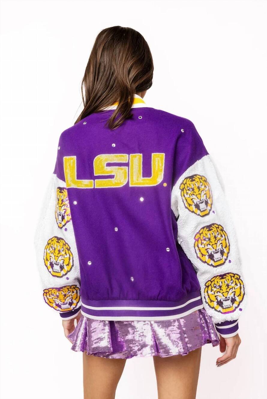 NEW QUEEN OF SPARKLES lsu bomber jacket in purple white - Picture 4 of 5